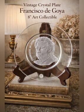 Vintage Belgian Crystal Plate Francisco de Goya Portrait Etched Glass Wall Decor
